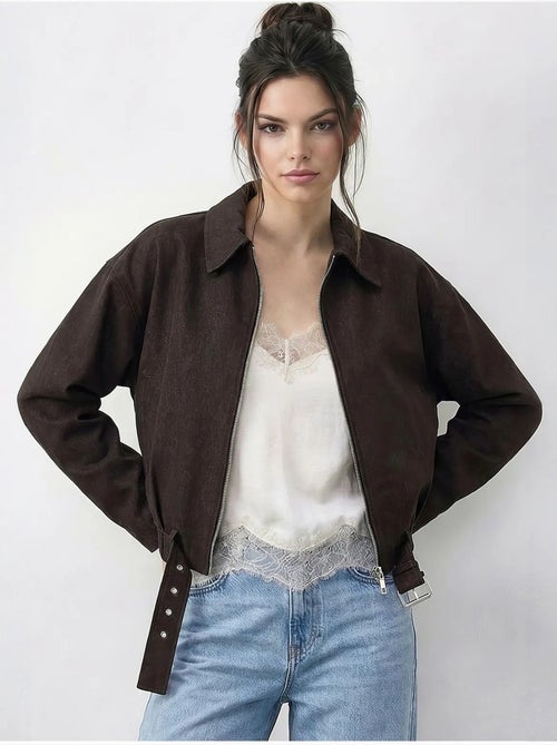 Blouson bomber oversize en jean avec ceinture lucci - Kiabi
