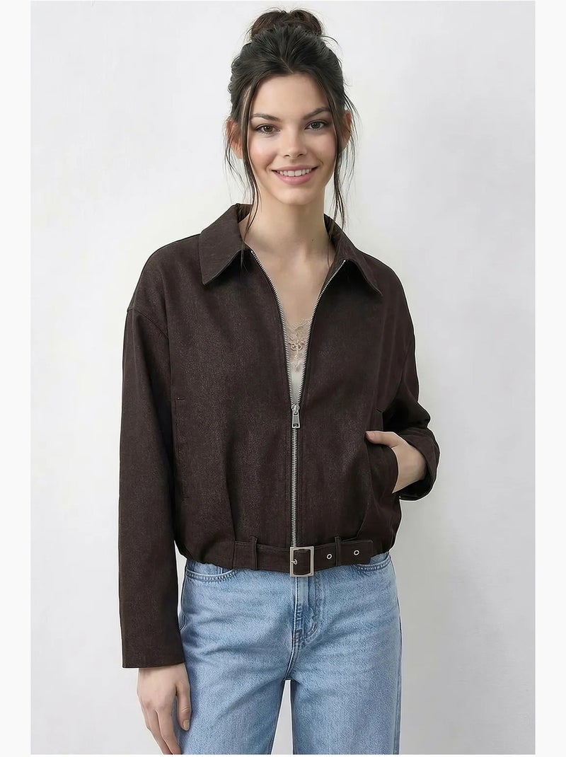 Blouson bomber oversize en jean avec ceinture lucci Marron chocolat - Kiabi