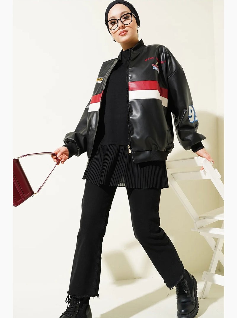 Blouson bomber oversize en simili cuir color block bdart Noir - Kiabi