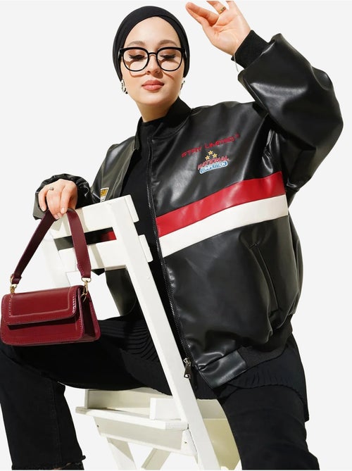 Blouson bomber oversize en simili cuir color block bdart - Kiabi