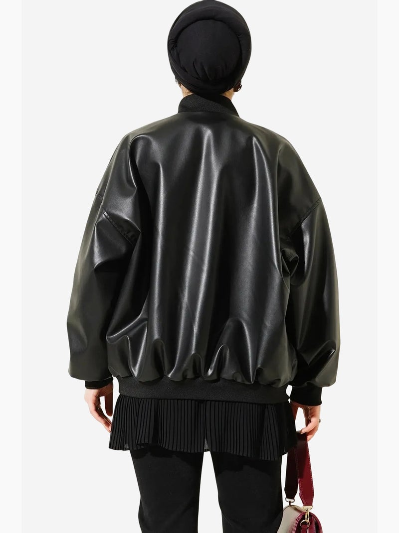 Blouson bomber oversize en simili cuir color block bdart Noir - Kiabi