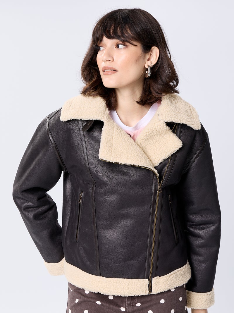 Blouson court avec col effet moutonné Marron - Kiabi