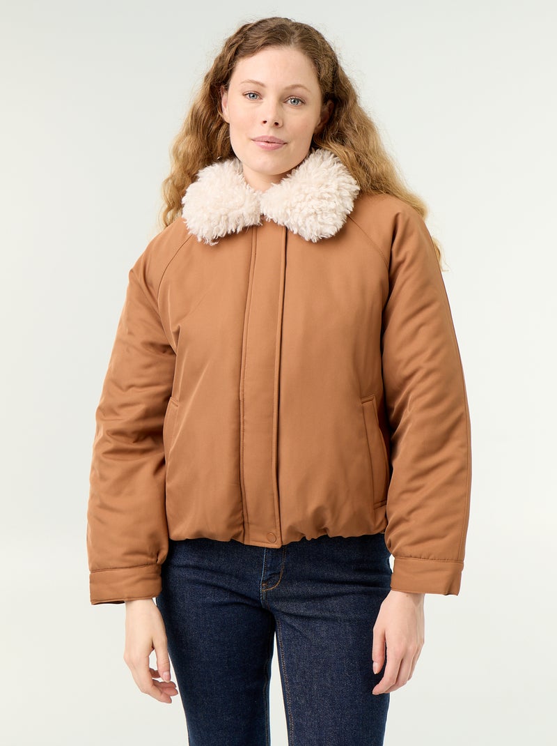Blouson court avec col effet moutonné Marron - Kiabi