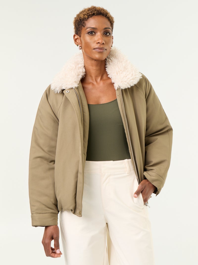 Blouson court avec col effet moutonné Vert - Kiabi