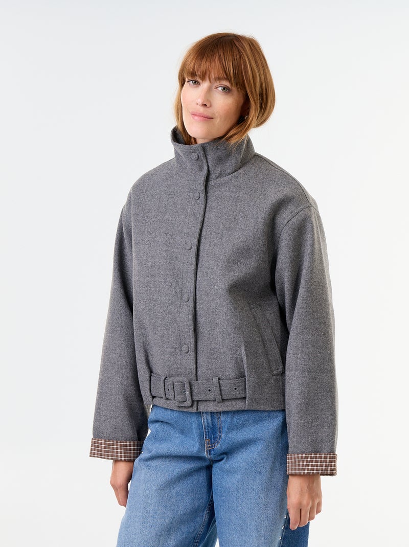 Blouson court effet lainage avec ceinture intégrée Gris - Kiabi