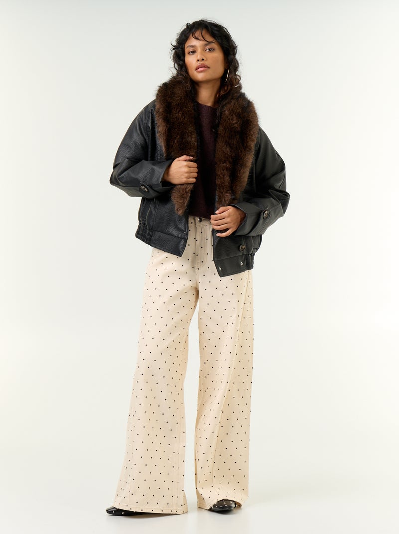 Blouson court en faux cuir avec col en fausse fourrure amovible Noir - Kiabi