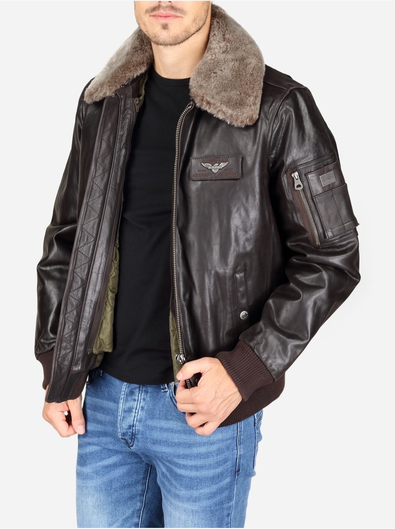 Blouson en cuir col fourré - redskins Marron foncé - Kiabi