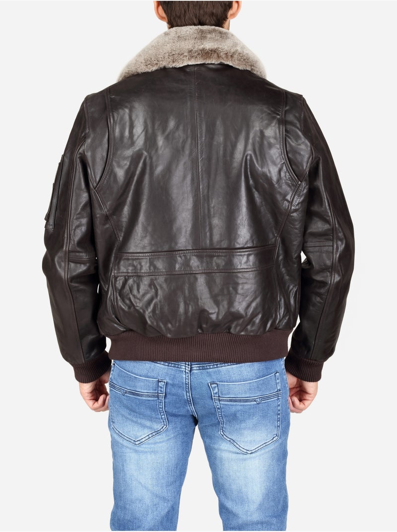 Blouson en cuir col fourré - redskins Marron foncé - Kiabi