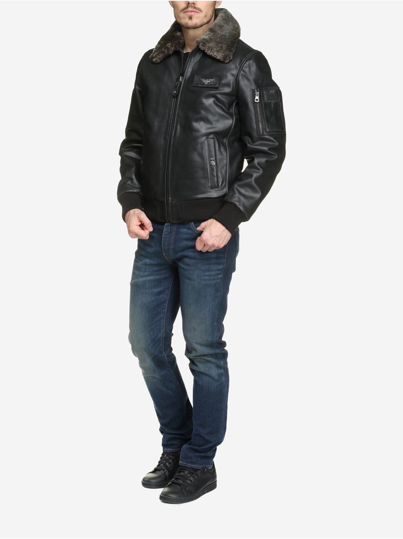Blouson en cuir col fourré - redskins Noir - Kiabi