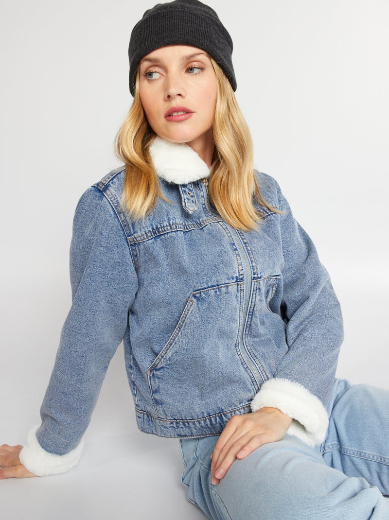 Blouson en denim fourré effet moutonné Bleu - Kiabi