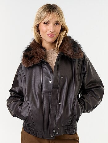Blouson en faux cuir oversize avec col en fourrure amovible