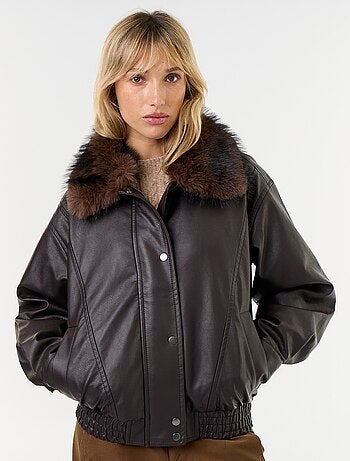 Blouson en faux cuir oversize avec col en fourrure amovible