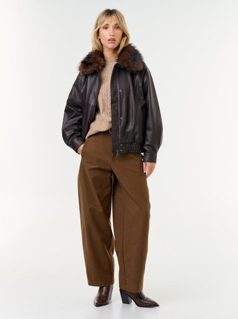 Blouson en faux cuir oversize avec col en fourrure amovible Marron - Kiabi