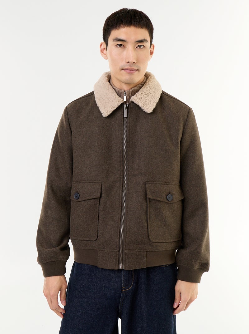 Blouson en faux lainage col effet moutonné Vert - Kiabi