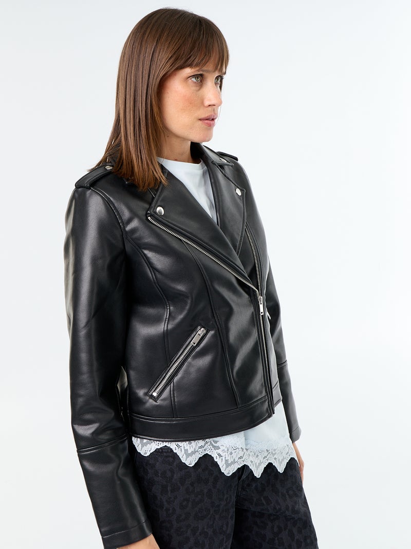 Blouson en simili à col cranté Noir - Kiabi