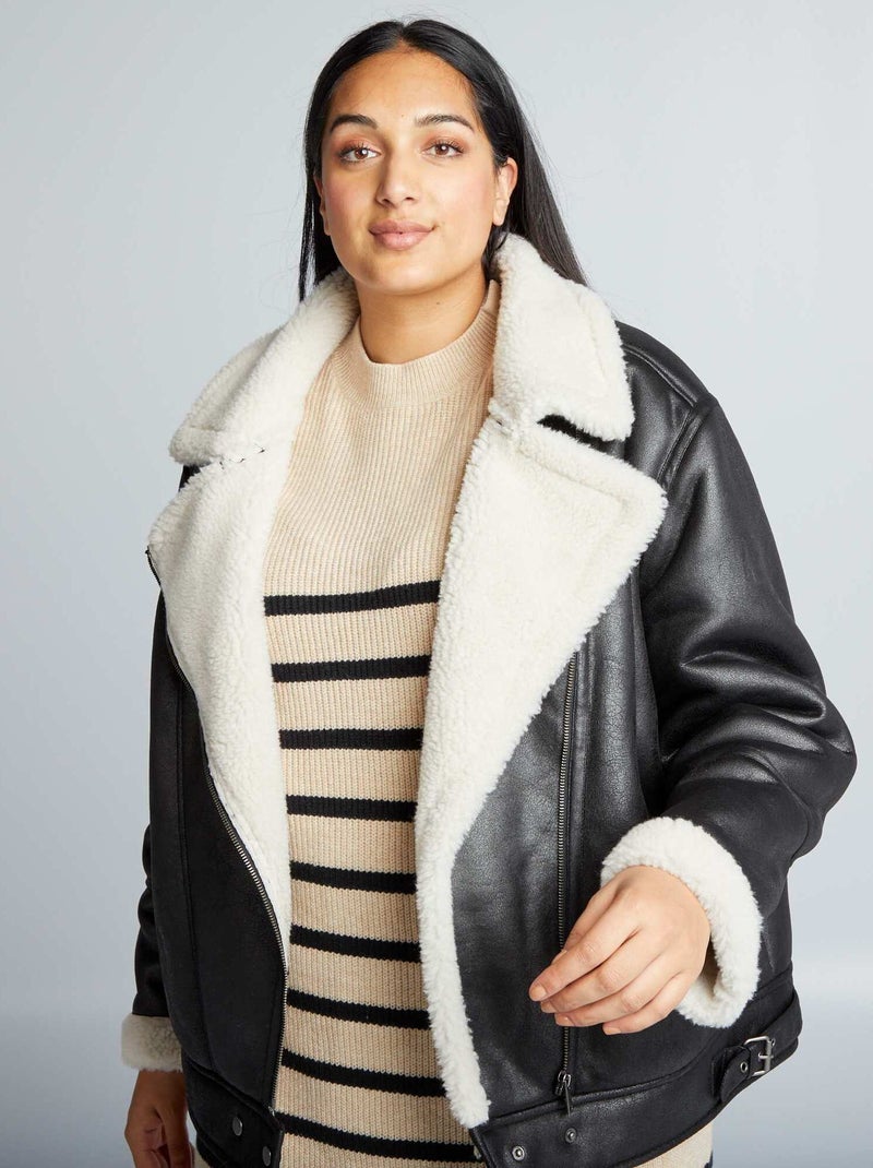 Blouson façon aviateur avec effet moutonné noir - Kiabi