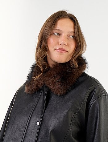 Blouson faux cuir oversize avec col en fausse fourrure amovible
