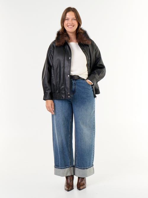 Blouson faux cuir oversize avec col en fausse fourrure amovible - Kiabi