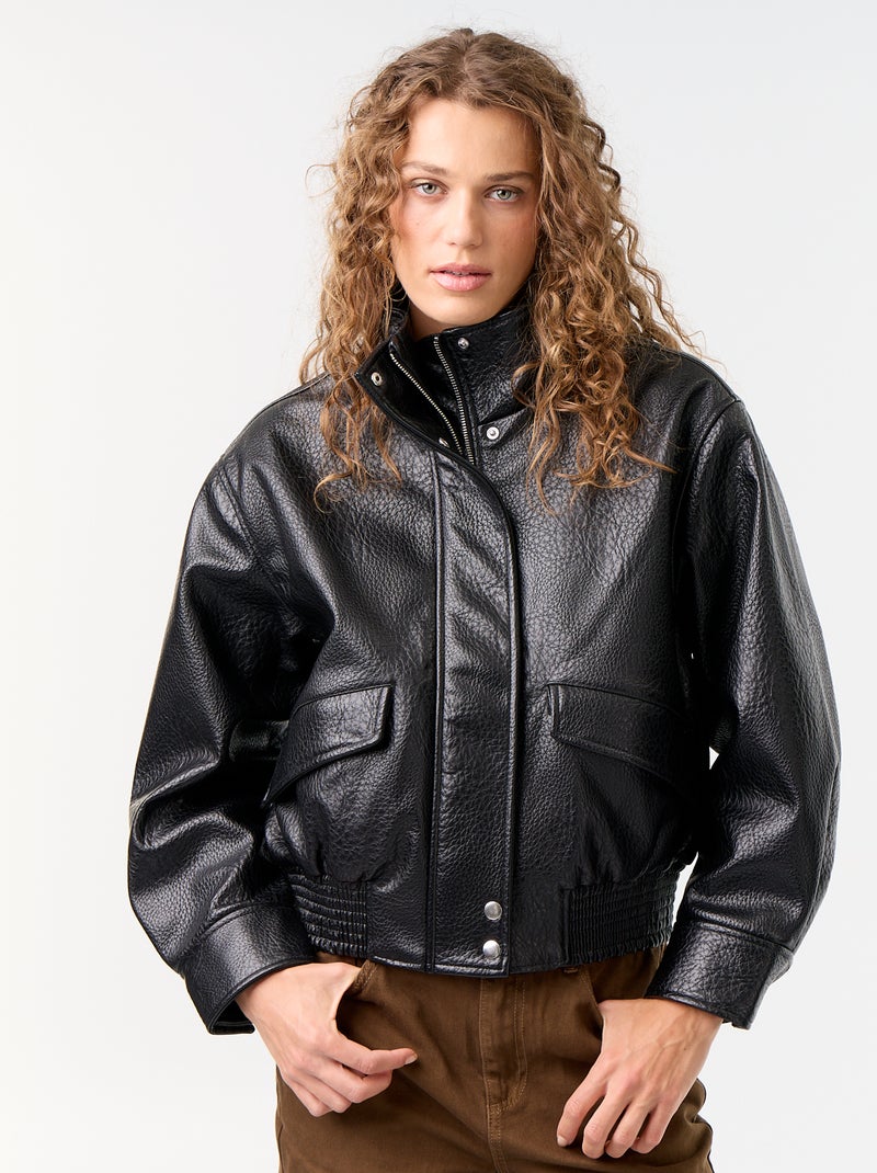 Blouson oversize en simili à col montant Noir - Kiabi