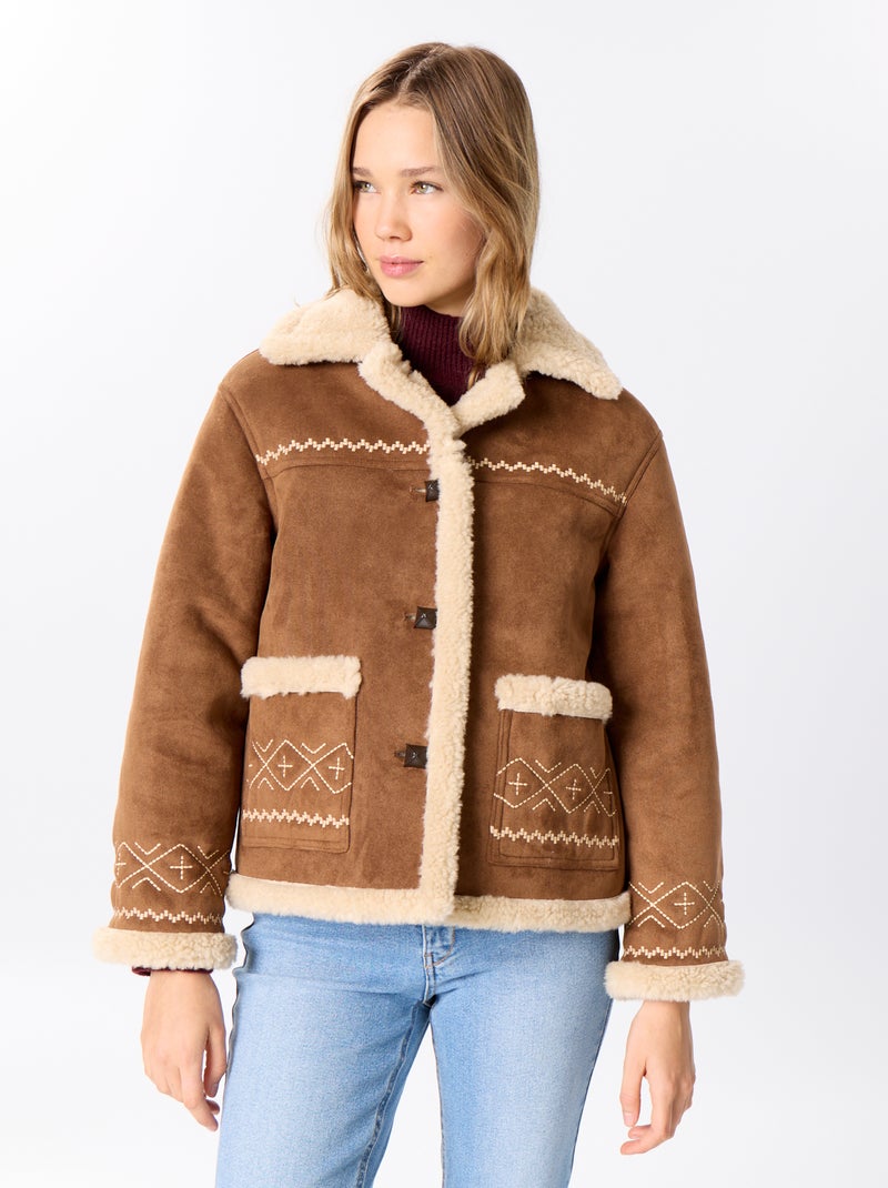 Blouson style peau lainée Marron - Kiabi
