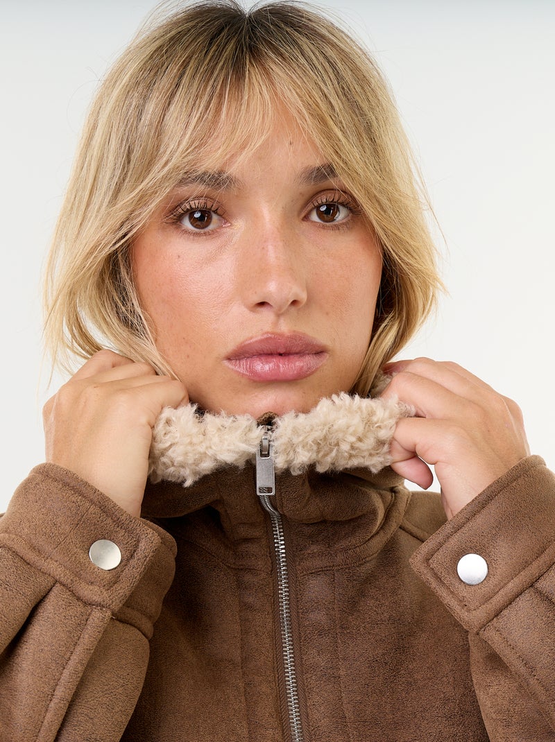 Blouson type peau lainée façon aviateur Marron - Kiabi