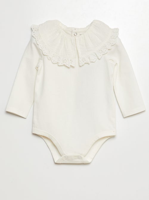 Body avec col en double gaze de coton avec broderies anglaises - Kiabi