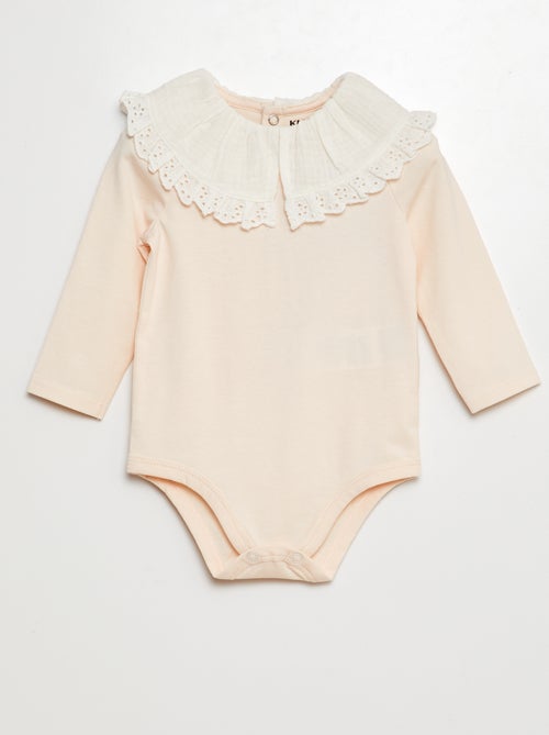 Body avec col en double gaze de coton avec broderies anglaises - Kiabi