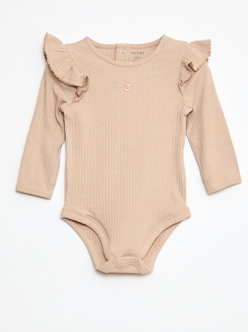 Body côtelé à manches longues volantées aux épaules Beige - Kiabi