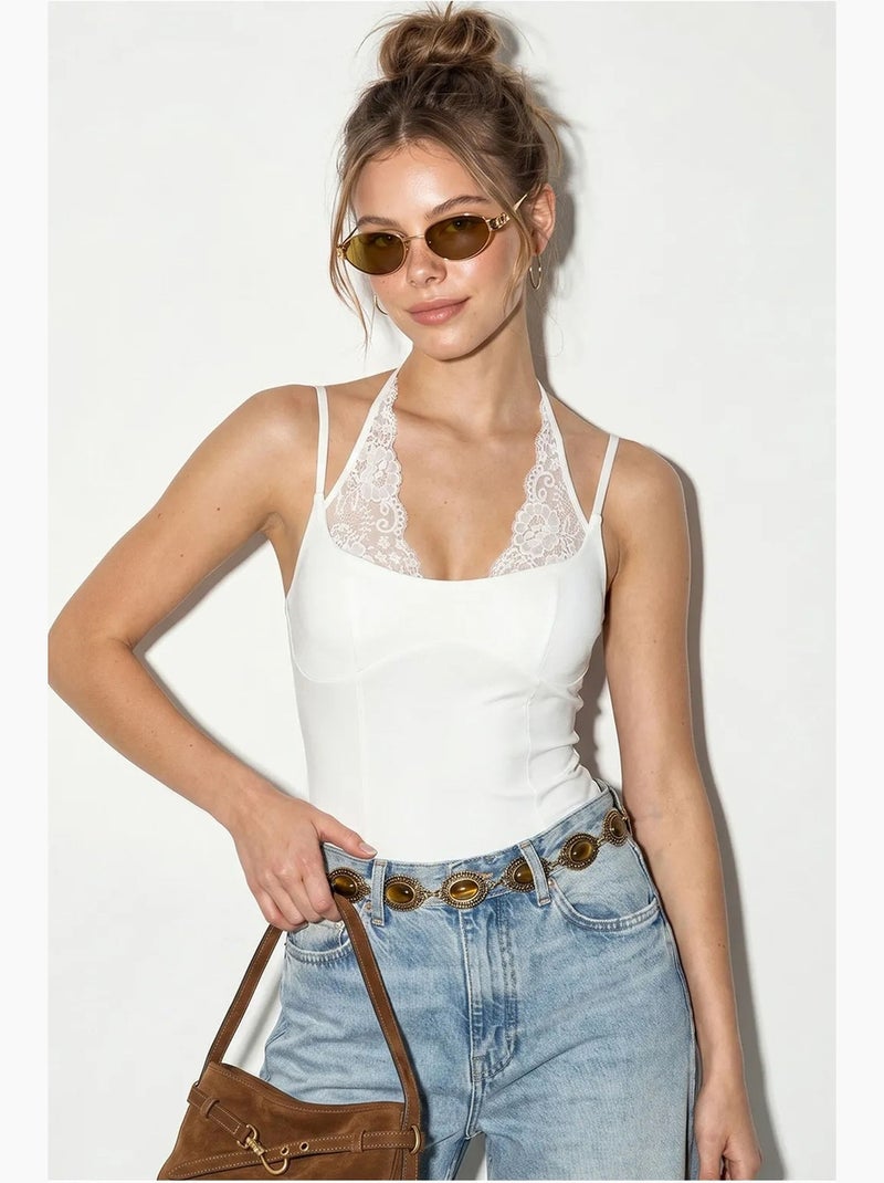 Body en dentelle à col halter et string lucci Blanc - Kiabi