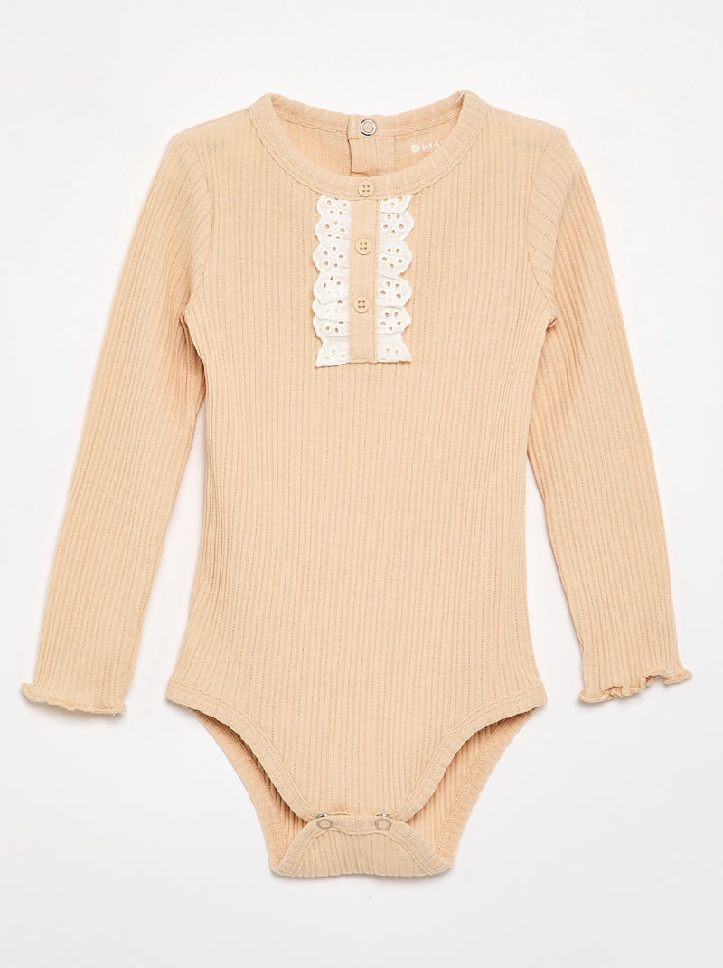 Body en maille côtelée avec broderie anglaise Beige - Kiabi