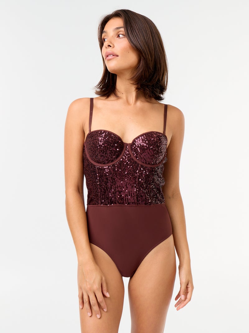 Body en microfibre et sequins Marron foncé - Kiabi