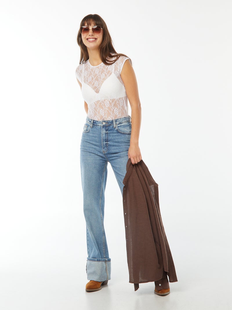 Body manches courtes en dentelle transparente Blanc - Kiabi