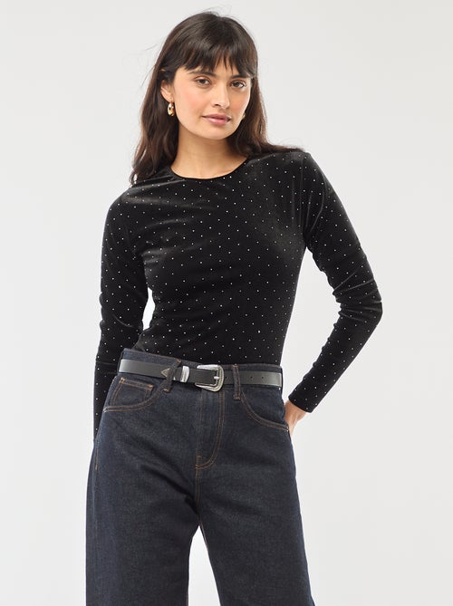 Body manches longues avec strass en velours - Kiabi