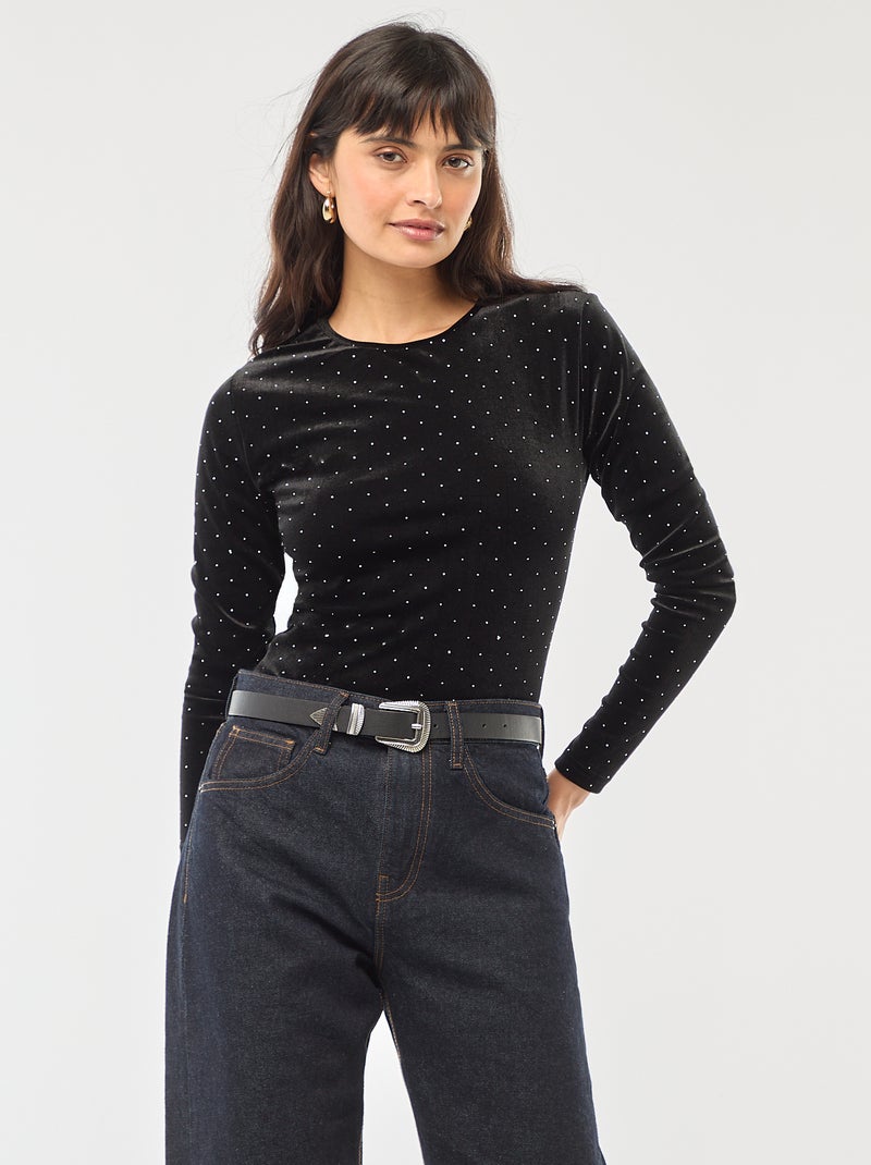 Haut Manches Longues En Velours Noir Lillie Rubin - Col V Avec Paillettes - Taille M