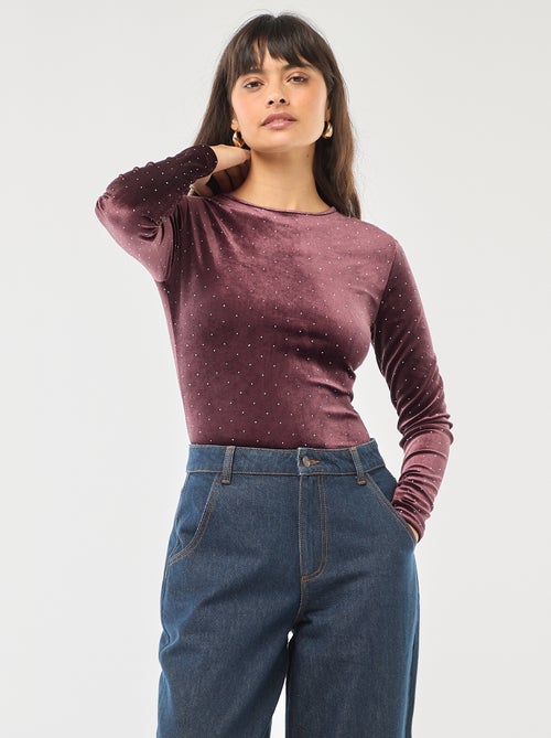 Body manches longues avec strass en velours - Kiabi