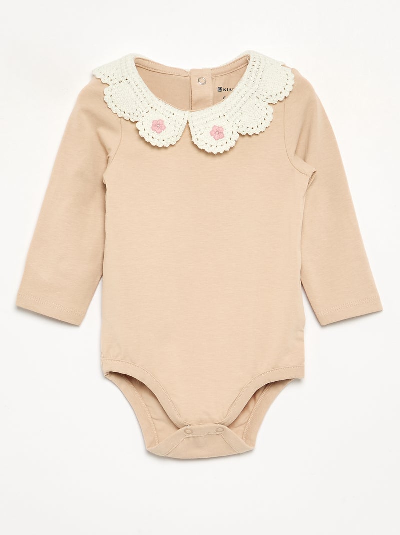 Body met lange mouwen en macramé kraag Biege - Kiabi