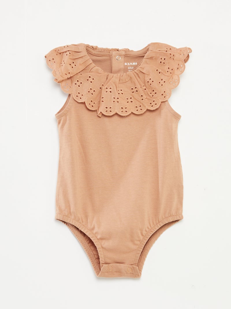 Body sans manches à col large en broderies anglaises MARRON - Kiabi