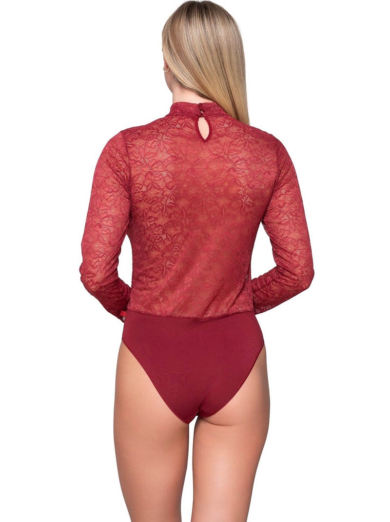 Body van kant met lange mouwen en opstaande kraag micro touch lace Rood - Kiabi