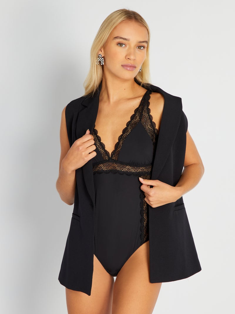 Body van microvezel en kant zwart - Kiabi