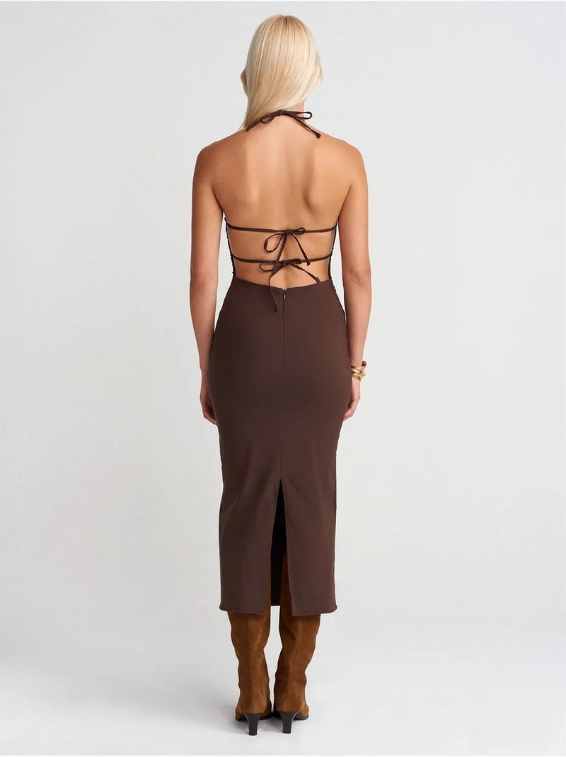 Bodycon midi-jurk met halternek dilvin Chocoladebruin - Kiabi