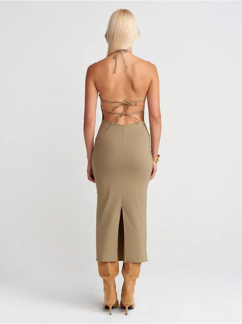 Bodycon midi-jurk met halternek dilvin Kaki - Kiabi