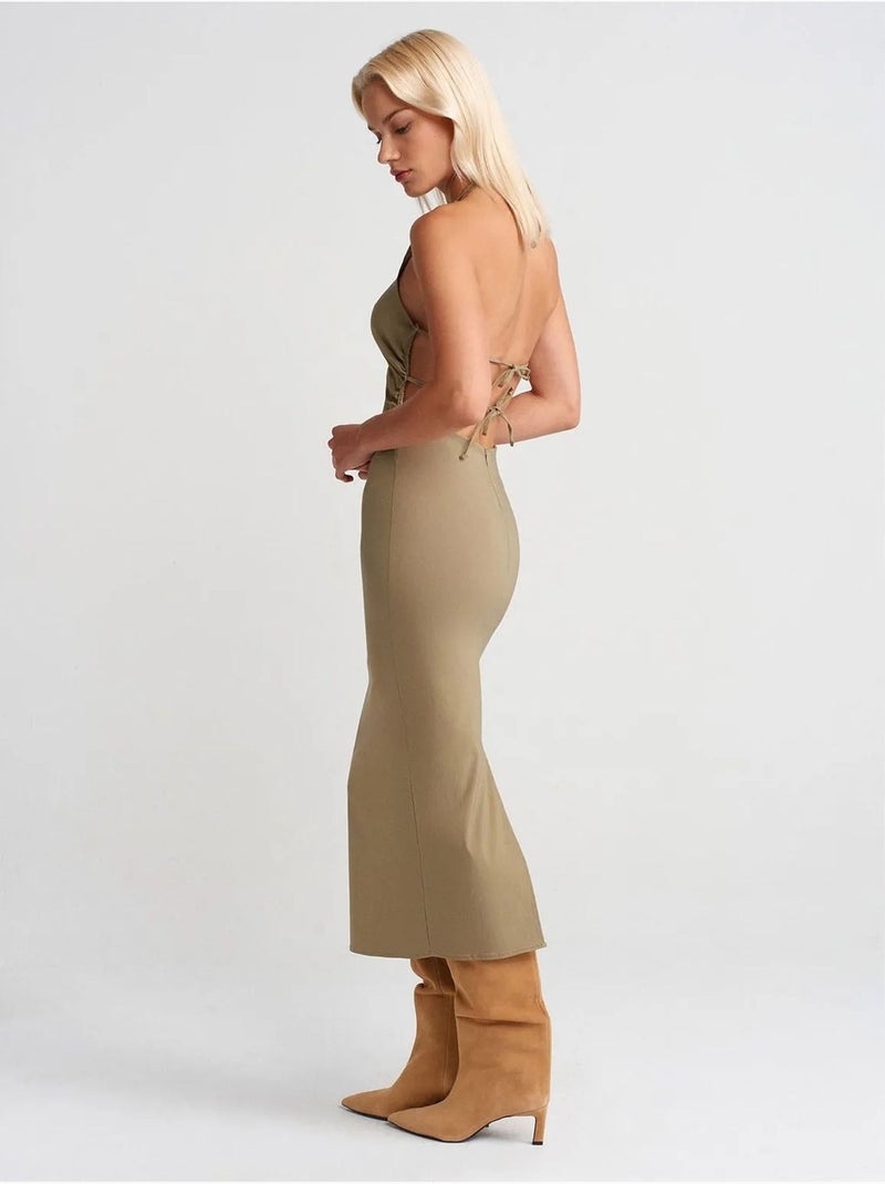 Bodycon midi-jurk met halternek dilvin Kaki - Kiabi
