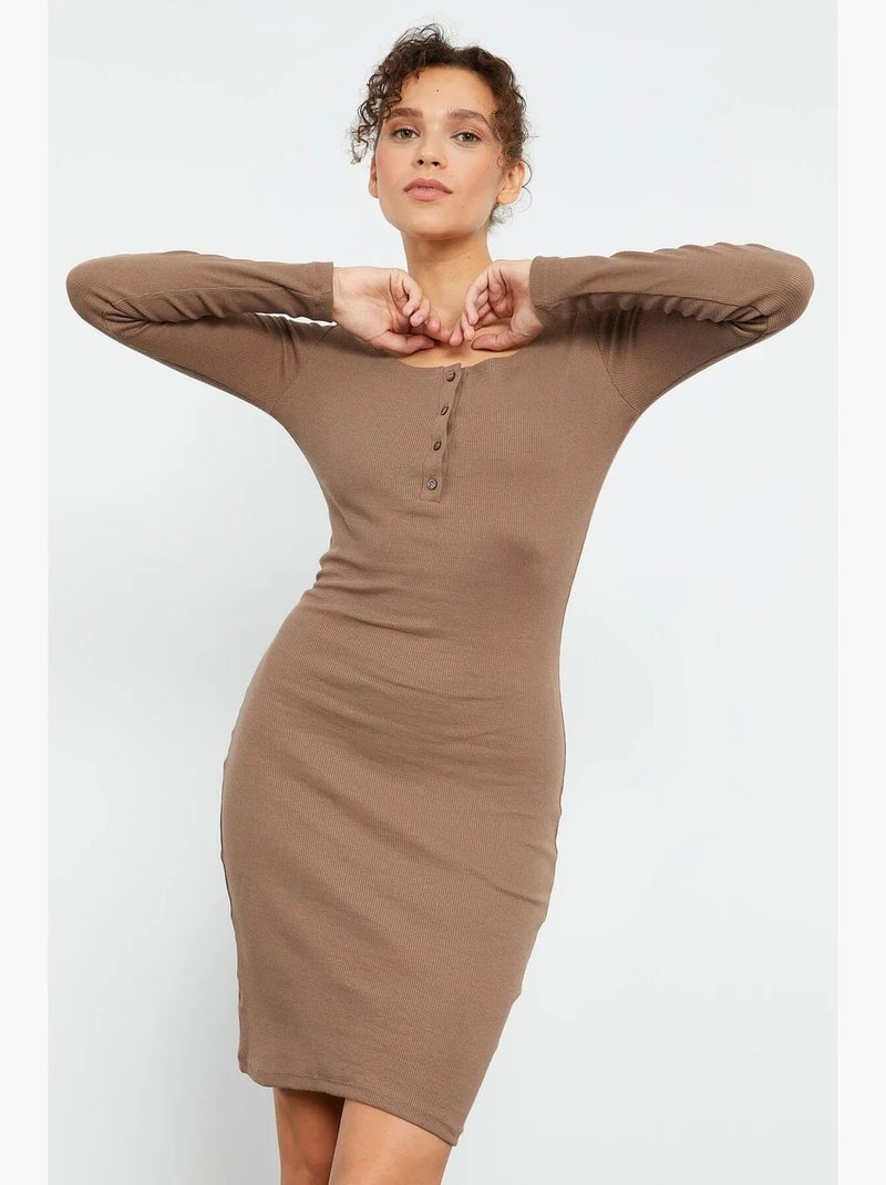Bodycon midi-jurk met ronde hals tommy Taupe - Kiabi