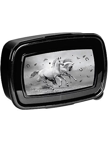 Boîte à goûter avec couvercle articulé 18 cm chevaux noir et blanc CMP