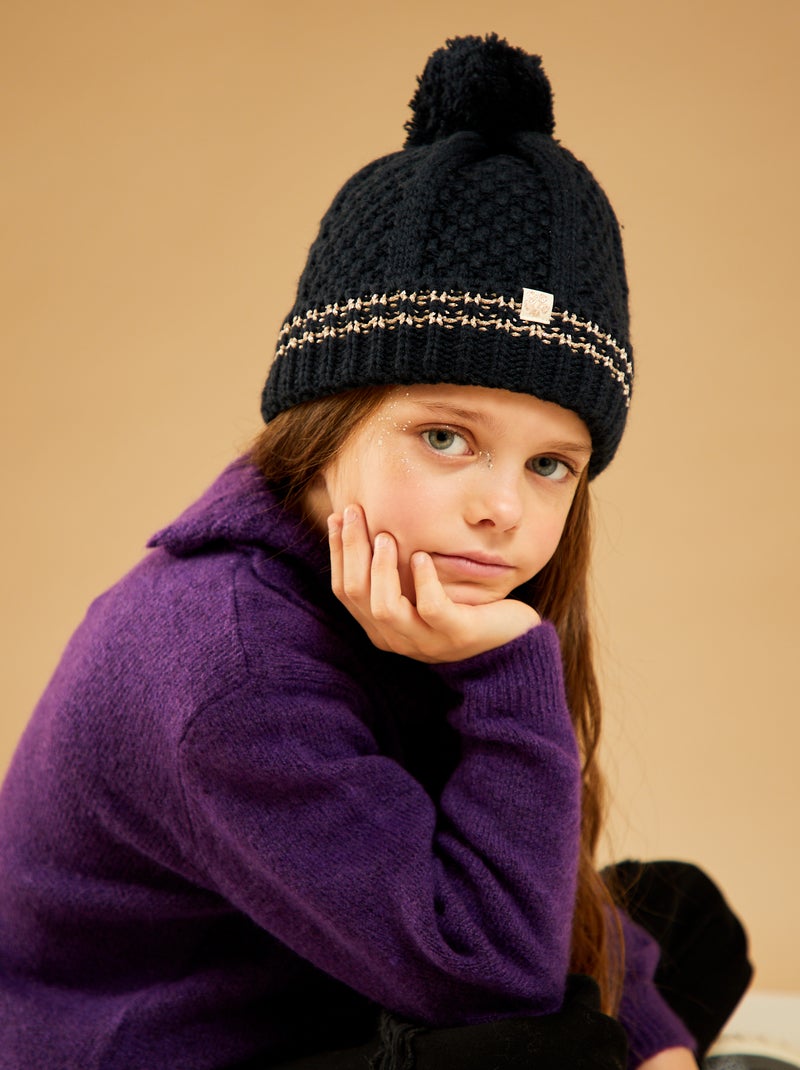 Bonnet en maille torsadée avec ponpon bleu marine - Kiabi