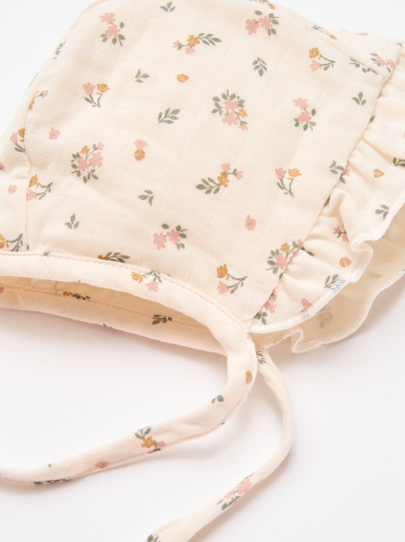 Bonnet forme béguin à fleurs Blanc - Kiabi