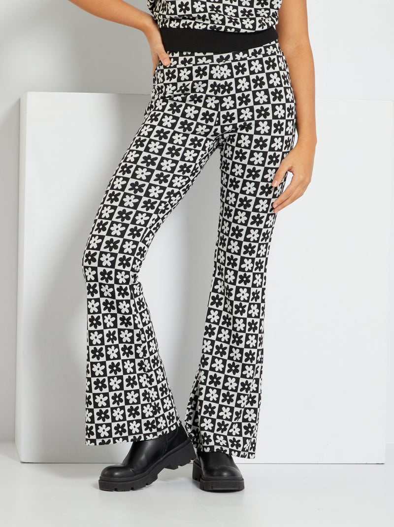Bootcut broek met bloemenprint zwart / wit - Kiabi