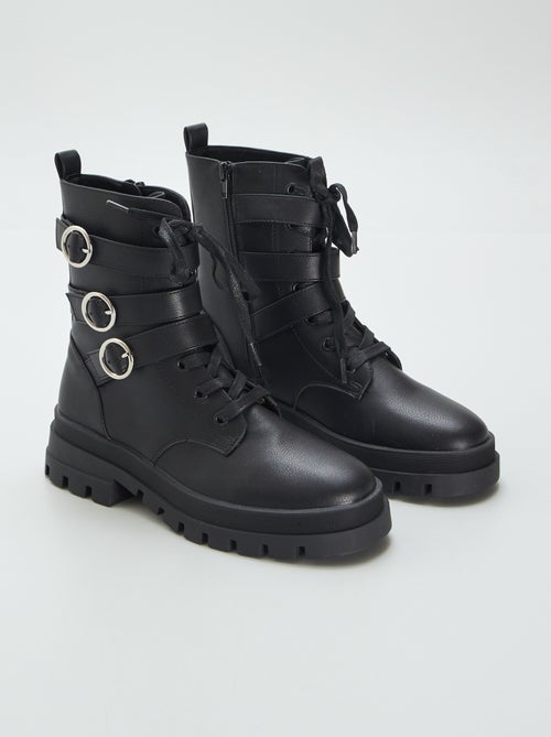 Boots in rockstijl met veters en gespen - Kiabi