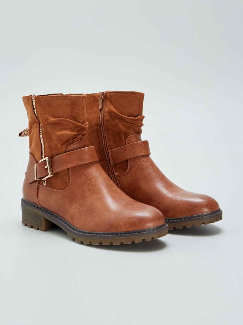 Boots motardes bi-matière et paillettes Camel - Kiabi