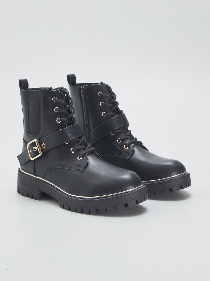 Bottines à lacets à semelles crantées Noir - Kiabi